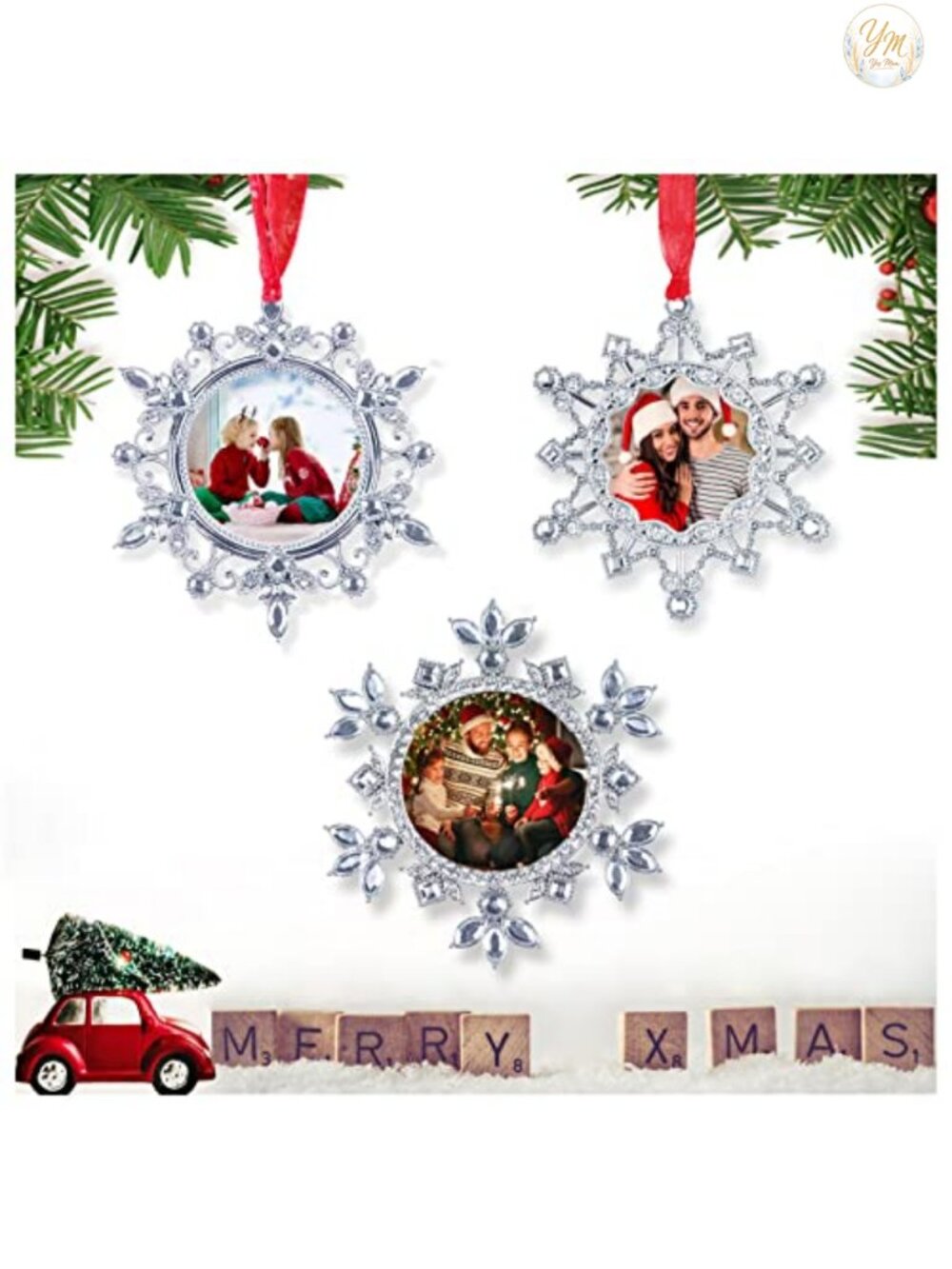 Christmas Photo Ornaments Snowflake Fits 2" Pictures Rhinestone Tree Decor 3 Pc